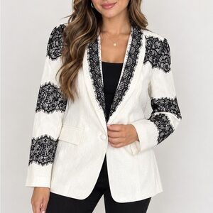 Black Lace-Trim Ivory Blazer Jacket